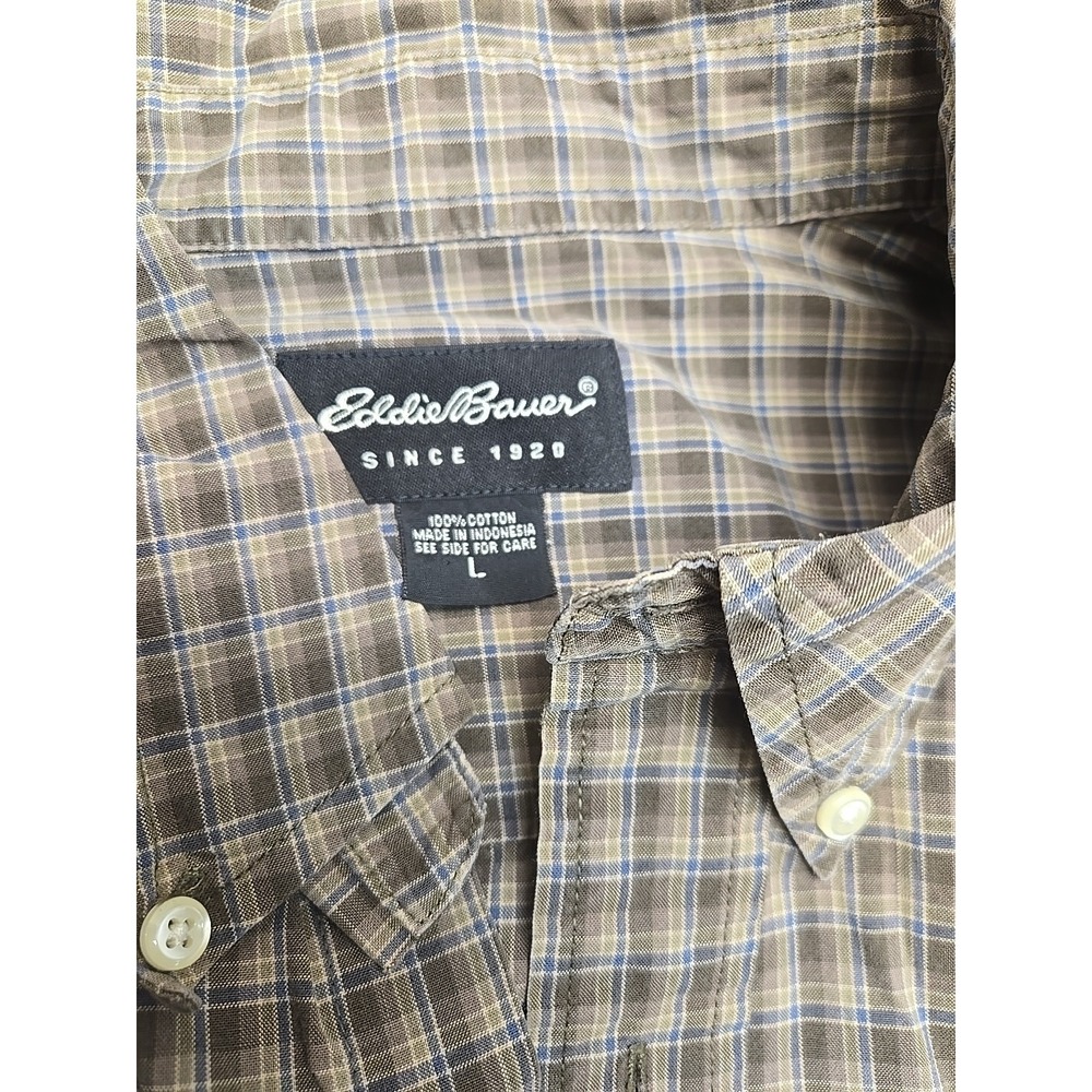 Eddie Bauer Men's L Button Shirt Long Sleeve Plaid Grey/Brown Plaid Cotton - Picture 7 of 8